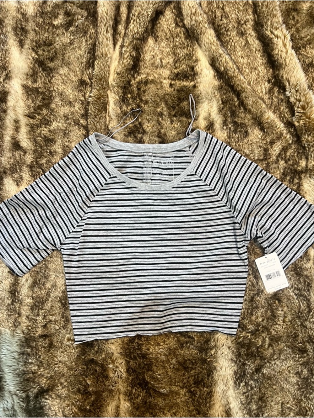 Free People Gray and Black Striped Off-Shoulder Crop Top - Picture 3 of 5